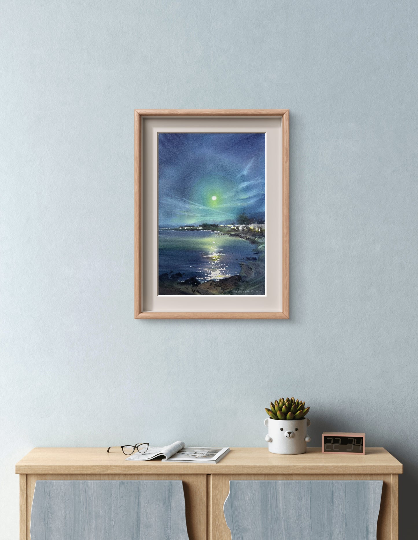Seascape Painting Original, Small Watercolor Artwork - In the moonlight #4