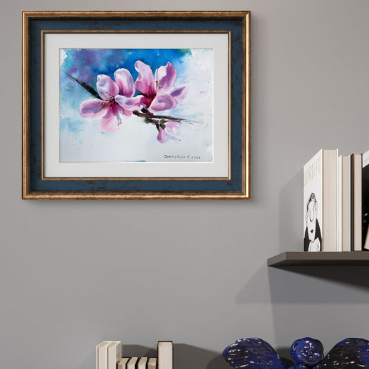Pink Flower Painting, Original Watercolor Artwork, Blooming Peach Tree, Botanical Wall Art, Gift, Wedding Gift