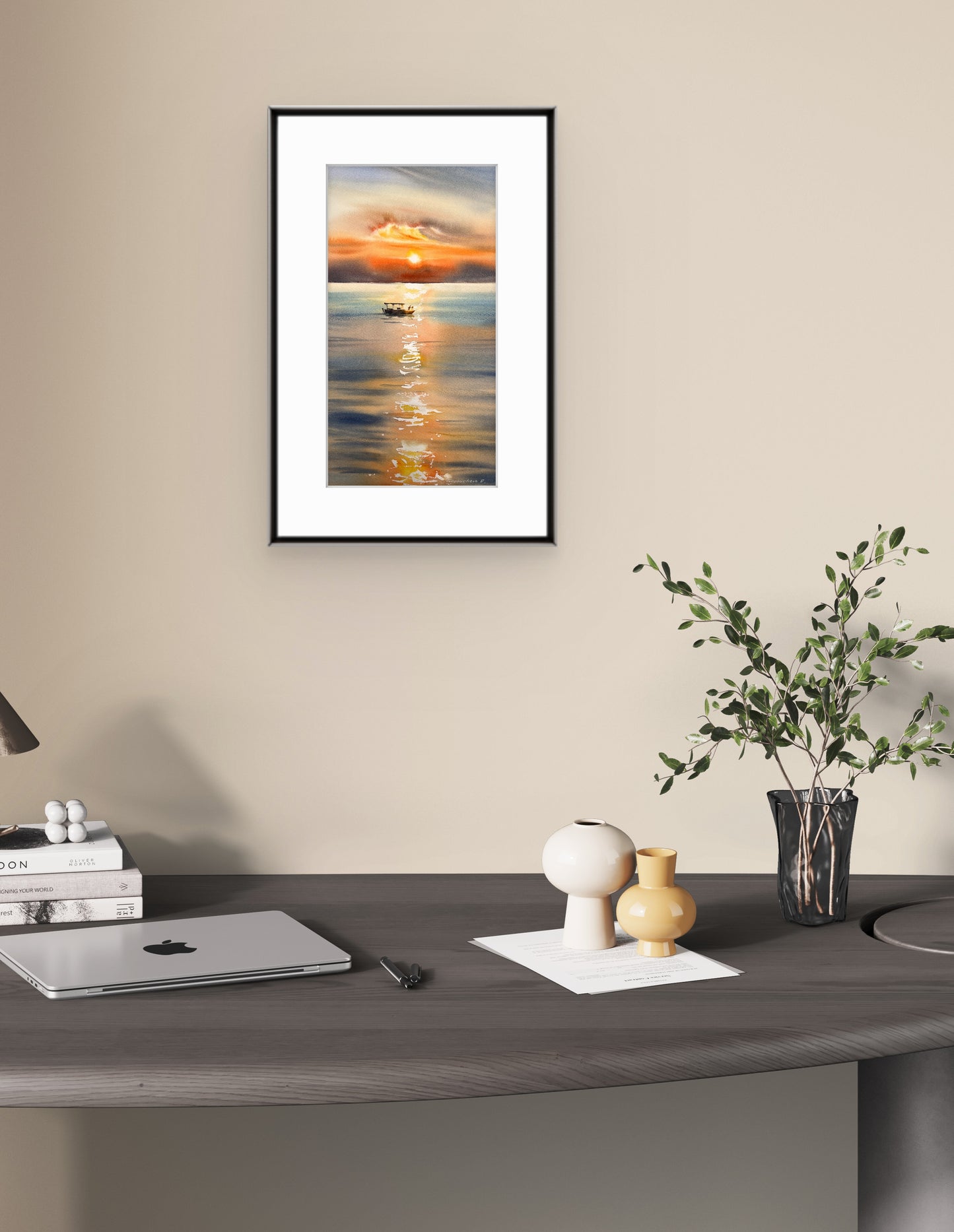 Orange Sunset Painting Original, Watercolor Fishing Boat Artwork - Golden cloud #2