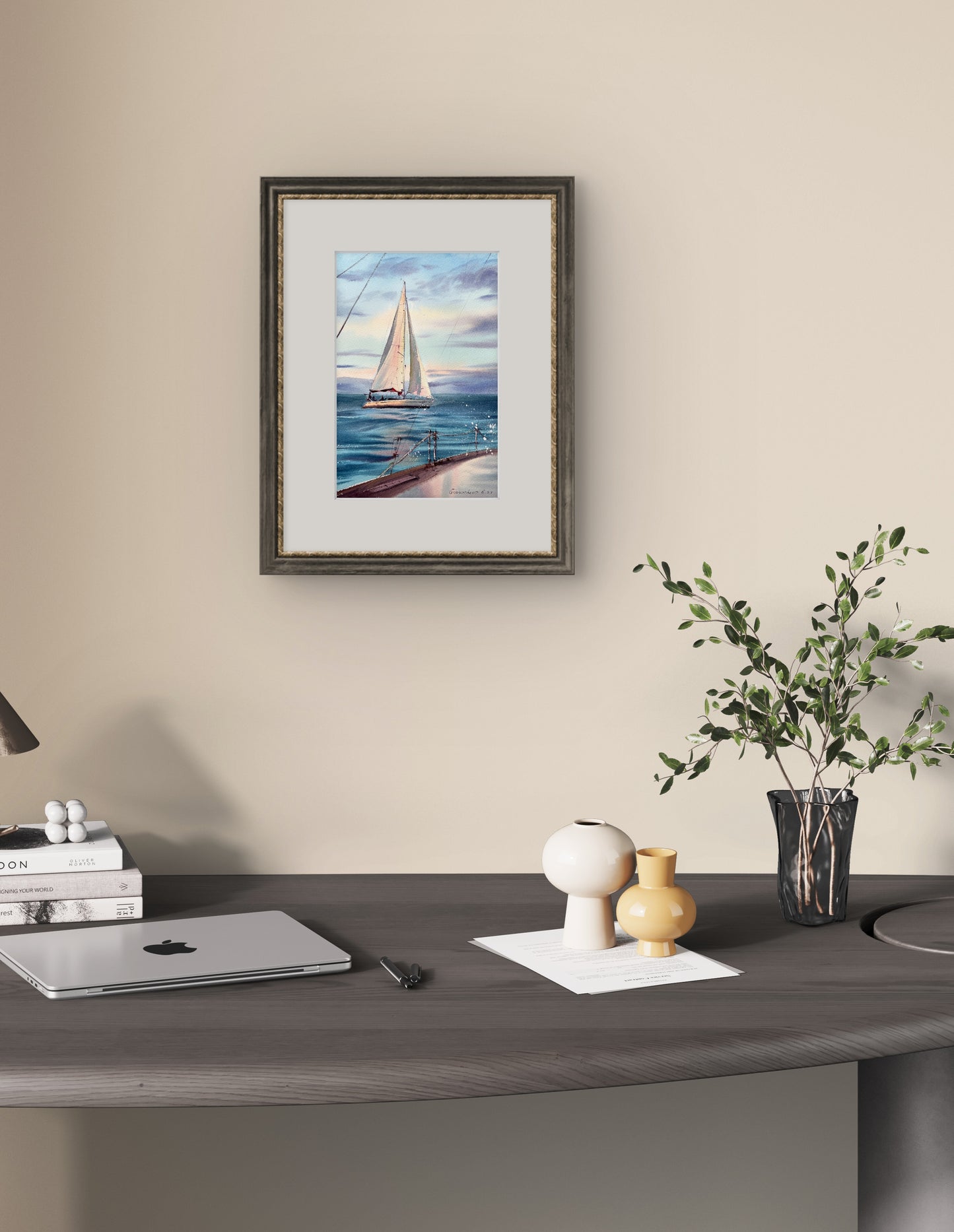 Sea Sailboat Small Painting, Watercolor Original - Yachts at Sea #19