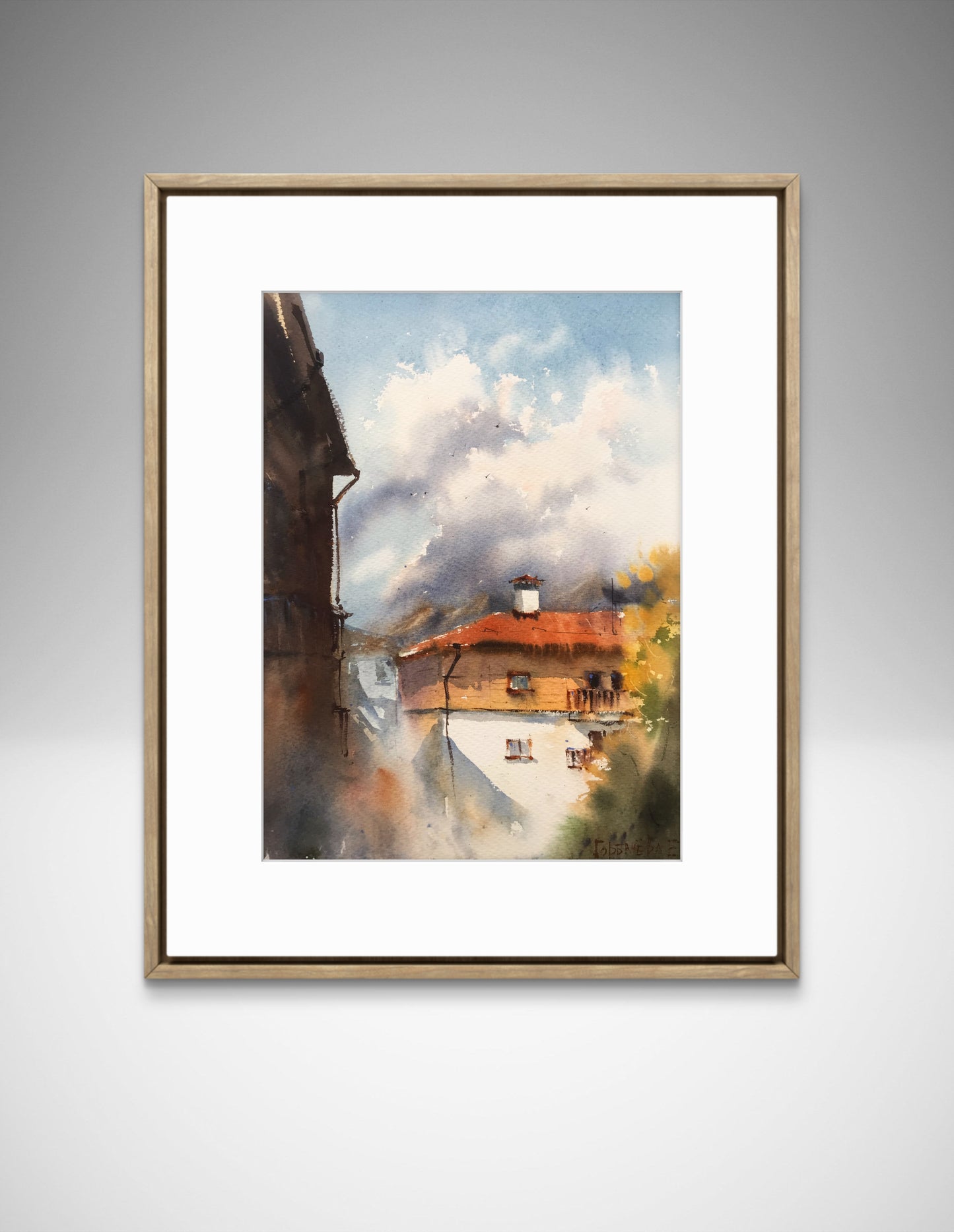 Mountain House Painting Watercolor Original, Chalet Artwork, Modern Landscape, Rosa Khutor, Sochi 12x16