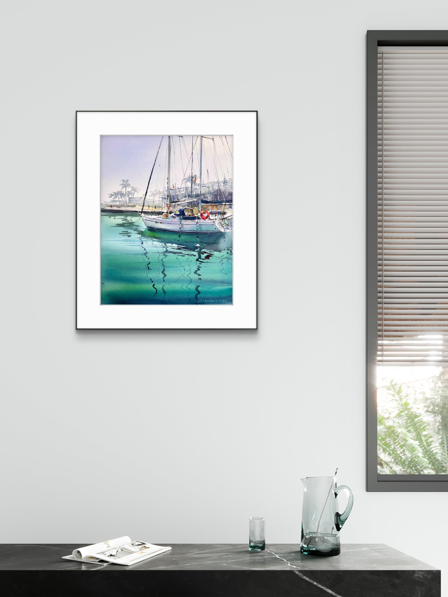 Tropical Sailboat Watercolor Painting, Coastal Marina Art, Emerald Silence 12x16