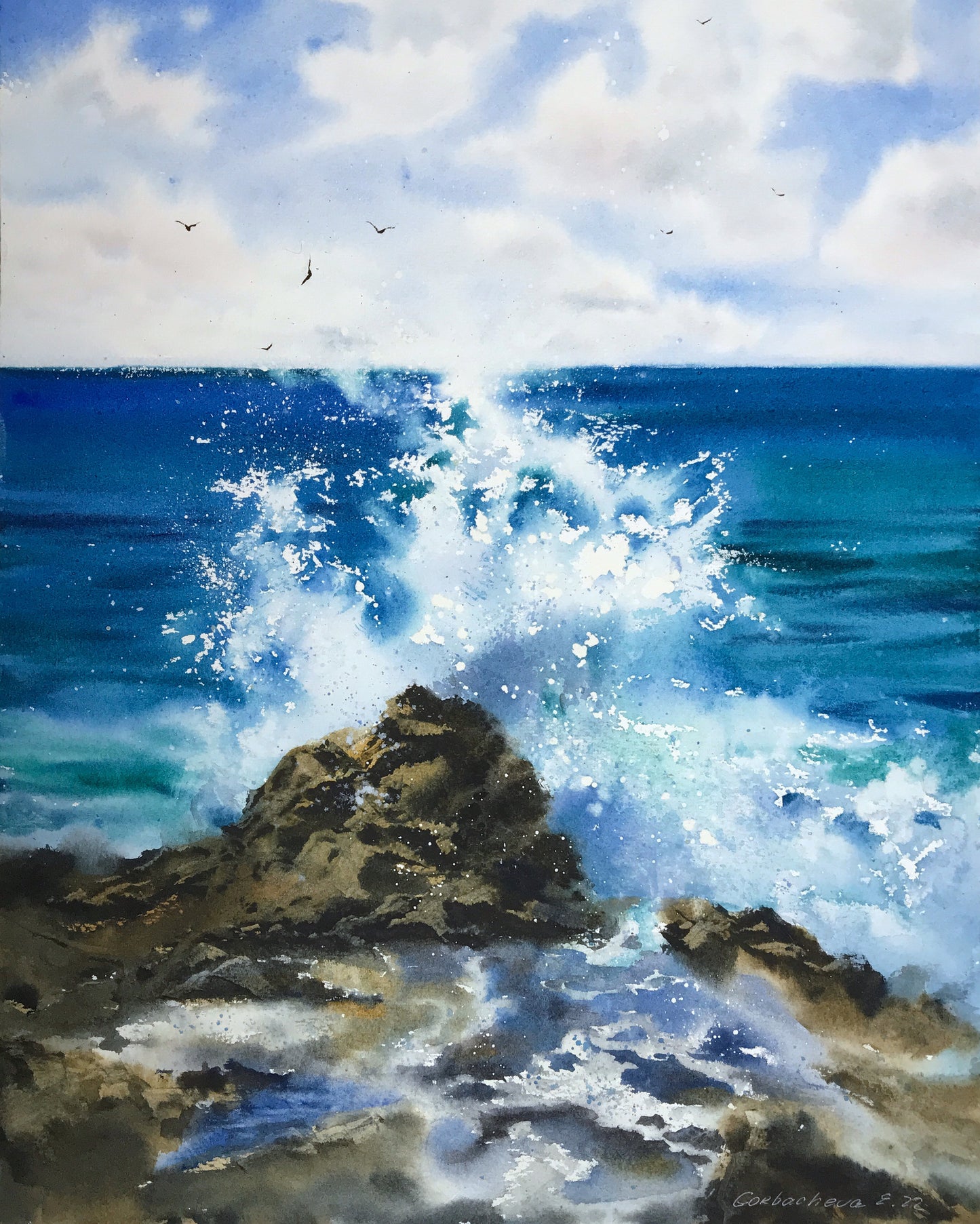 Watercolor original painting "Waves and rocks #11"