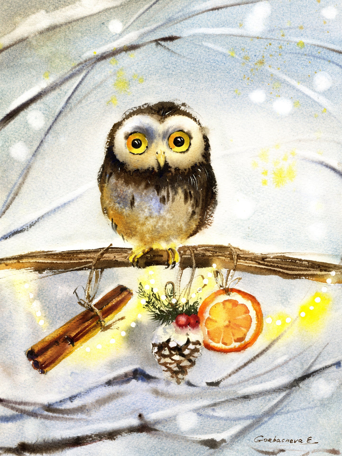 Christmas Owl Art Print, Nursery Wall Decor, Watercolor Woodland Art, Owl illustration, Bird Lover Gift