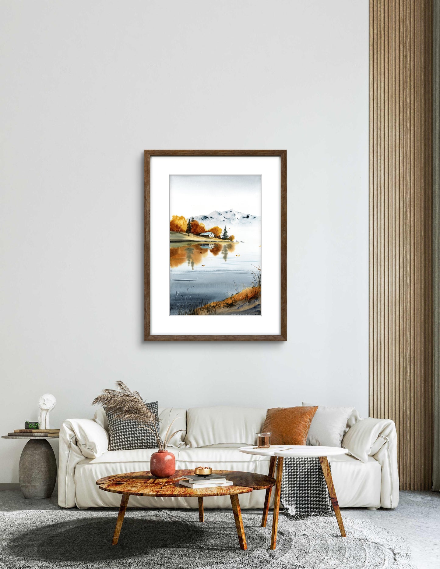 Mountain Lake House: Autumn Forest Watercolor Print