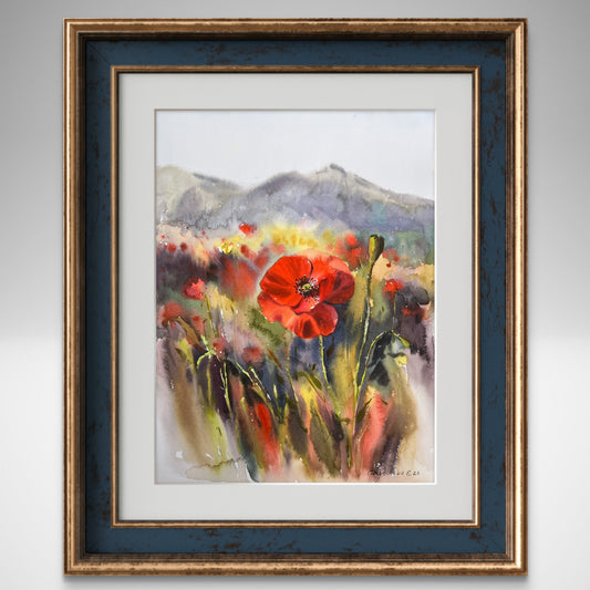 Red Flower Watercolor Painting Original, Californian Poppy Field, Landscape, Poppy #2 12x16
