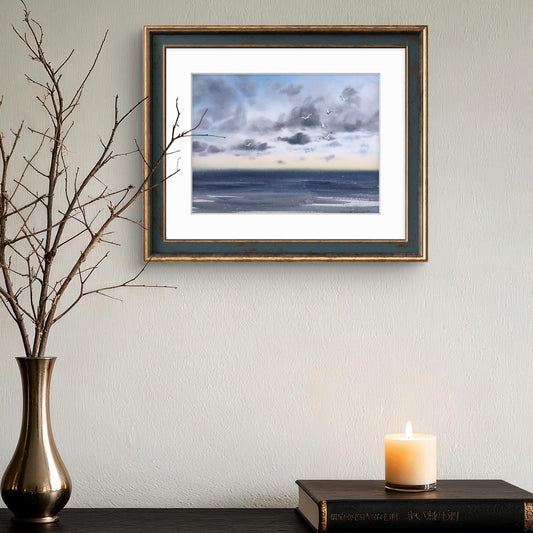 Seascape Painting Watercolor Original, Blue Sea Wave Art, Coastal Living Room Wall Decor, Unique Gift, Albatrosses