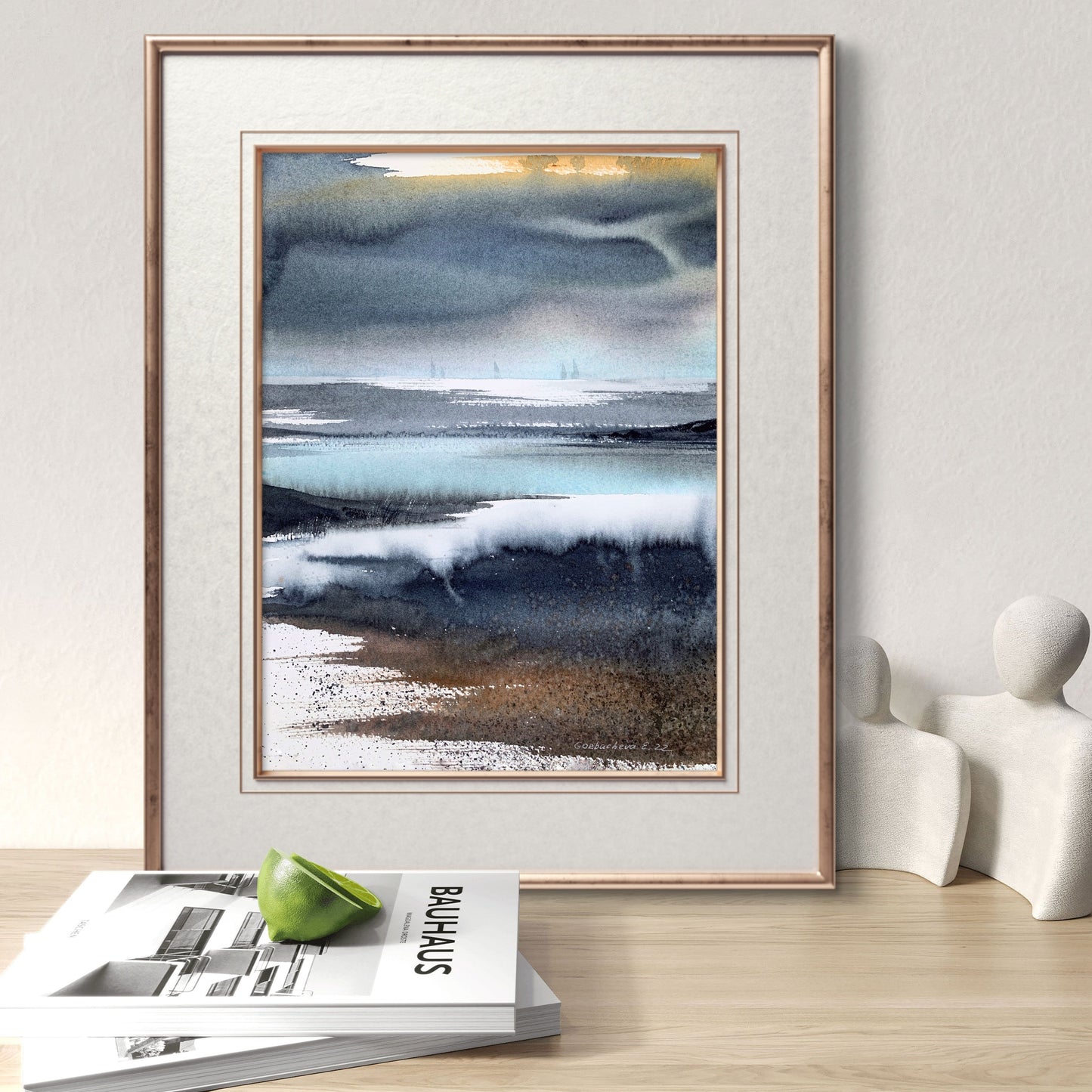 Abstract Nordic Seascape Painting Watercolor Original, ABSTRACTION SEA #4 9x12 in