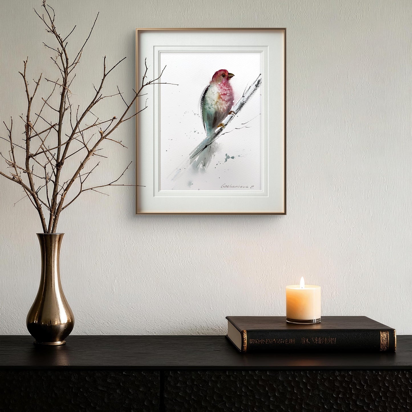 Red-Green Bird Minimal Art, Handmade Watercolor Painting, Unique Art Piece for Home, Red bird