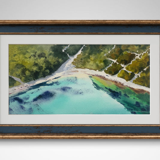 Aerial Beach Watercolor Painting, Seaside from a height of flight 6x12