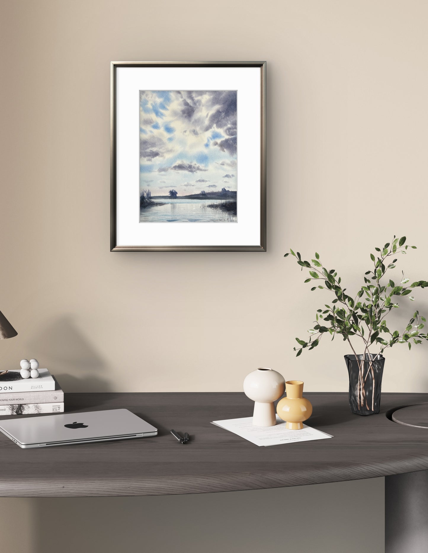 Painting, Watercolor Original, Landscape Art - Clouds over the River #6