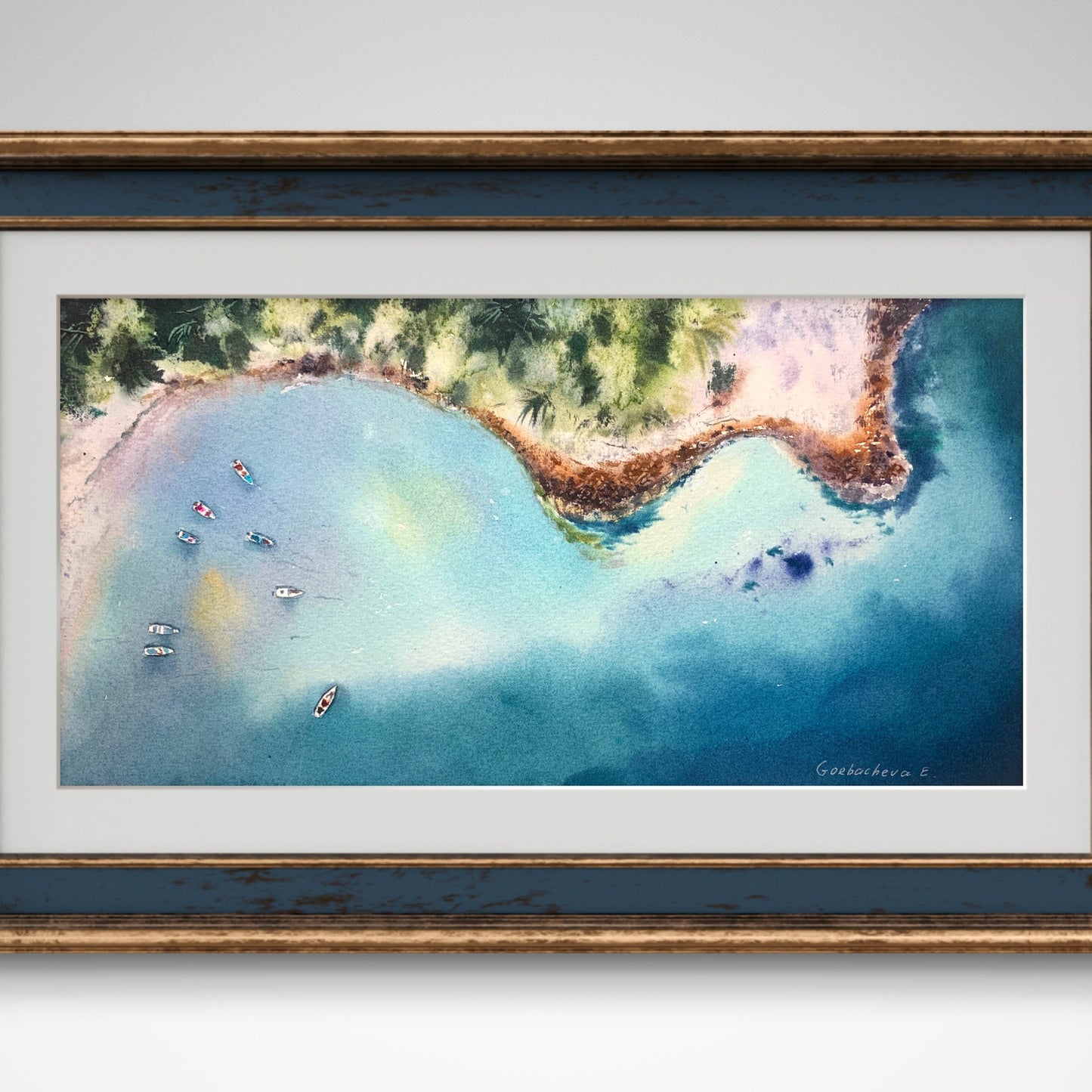 Aerial Sea Coast Watercolor Painting, Seaside from a height of flight #5 6x12