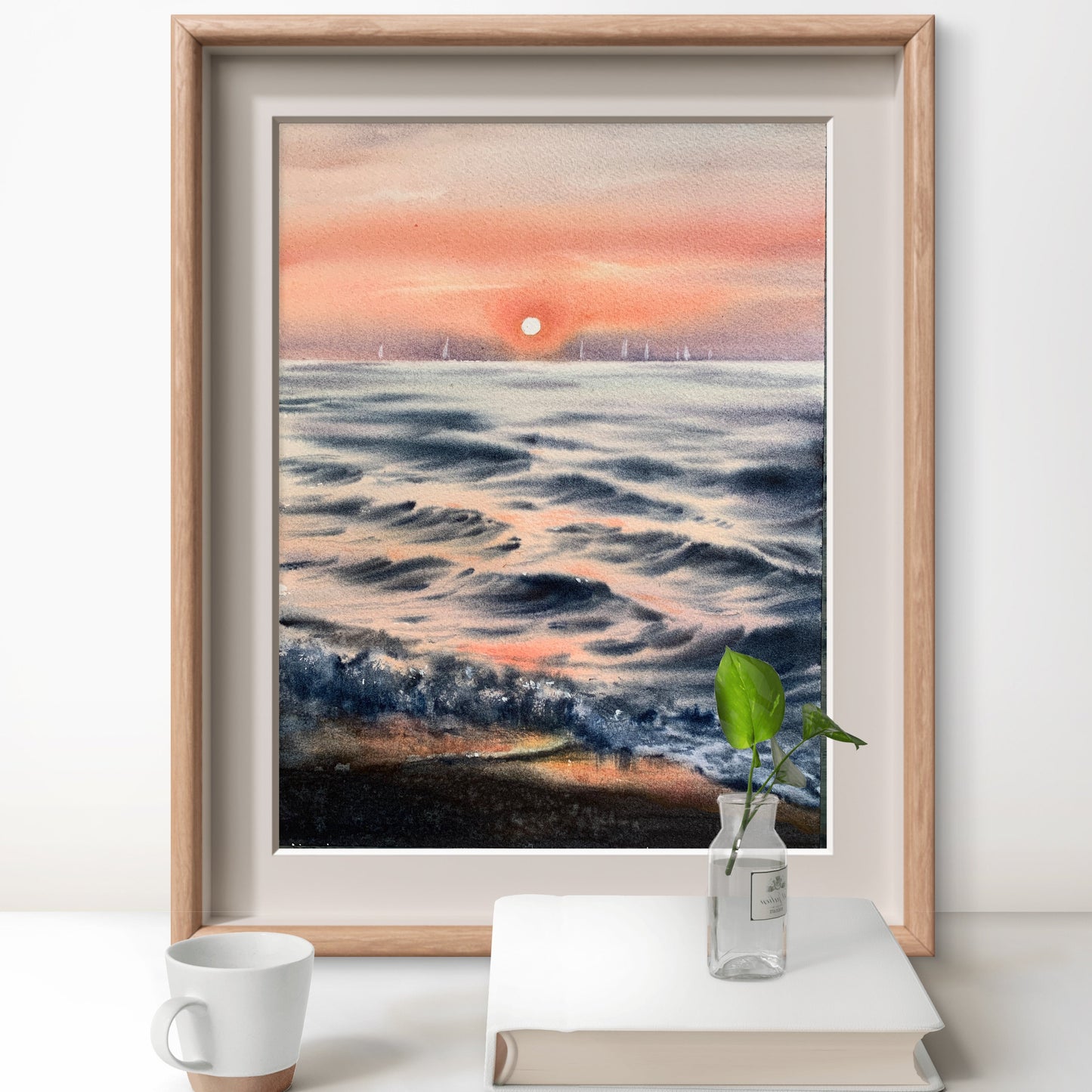 Pink Sunset Sea Watercolor Painting, Orange sunset #7 9x12