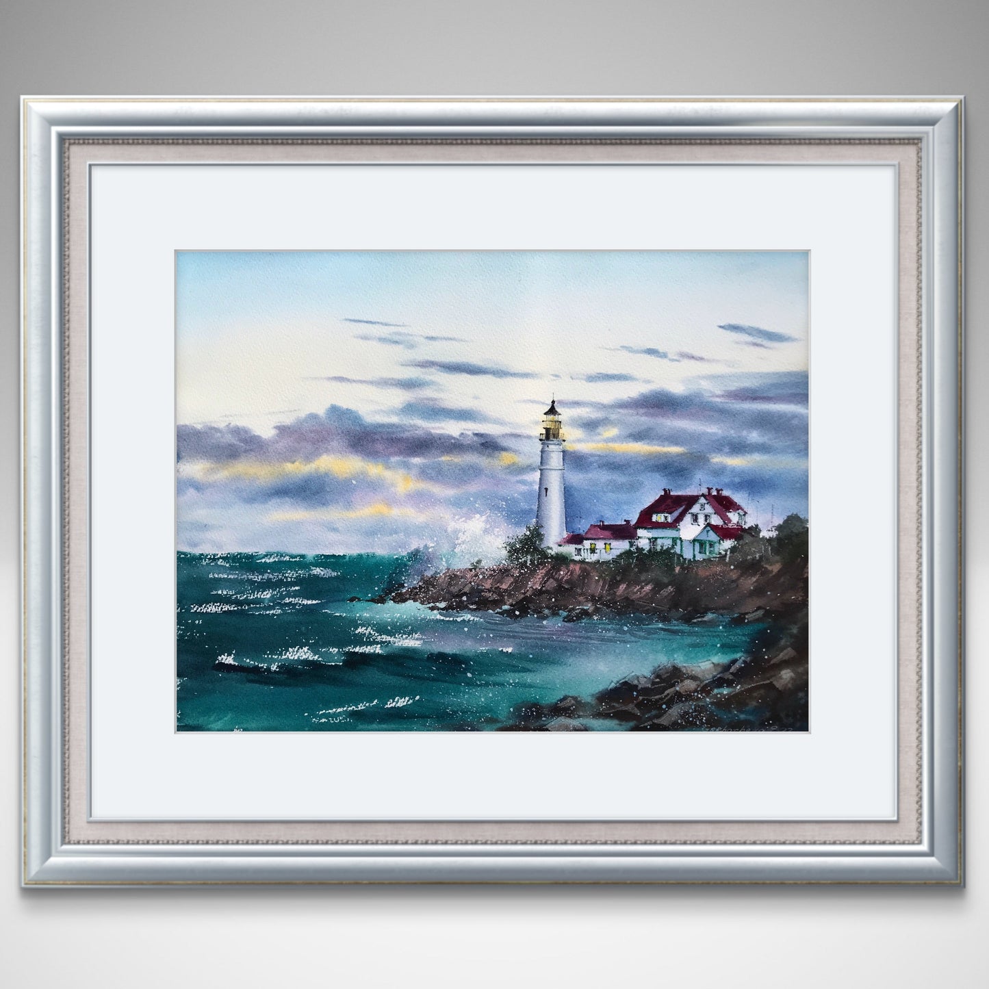 Sea Lighthouse Painting Original, Watercolor Ocean Art, Coastal Wall Decor, Seascape, Gifts Unique, Purple, Aquamarine