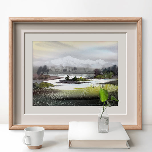 Misty Mountain Lake Watercolor Painting, River in the valley #2 9x12