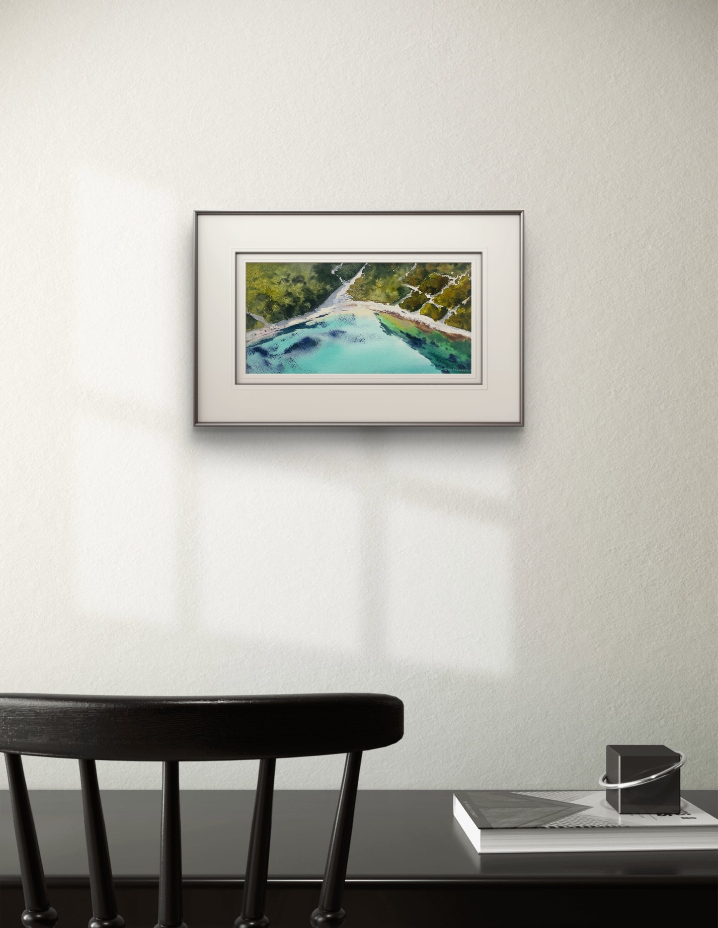 Aerial Beach Watercolor Painting, Seaside from a height of flight 6x12