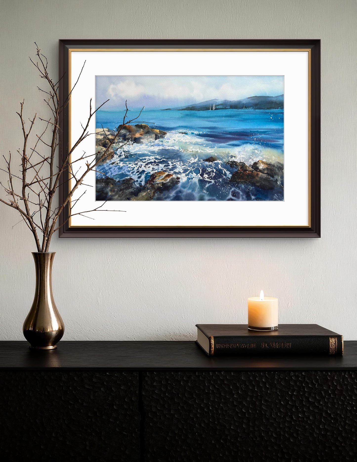 Coastal Painting Original, Watercolour Seascape Artwork - "Sea and Stones #2" - 15x22 in