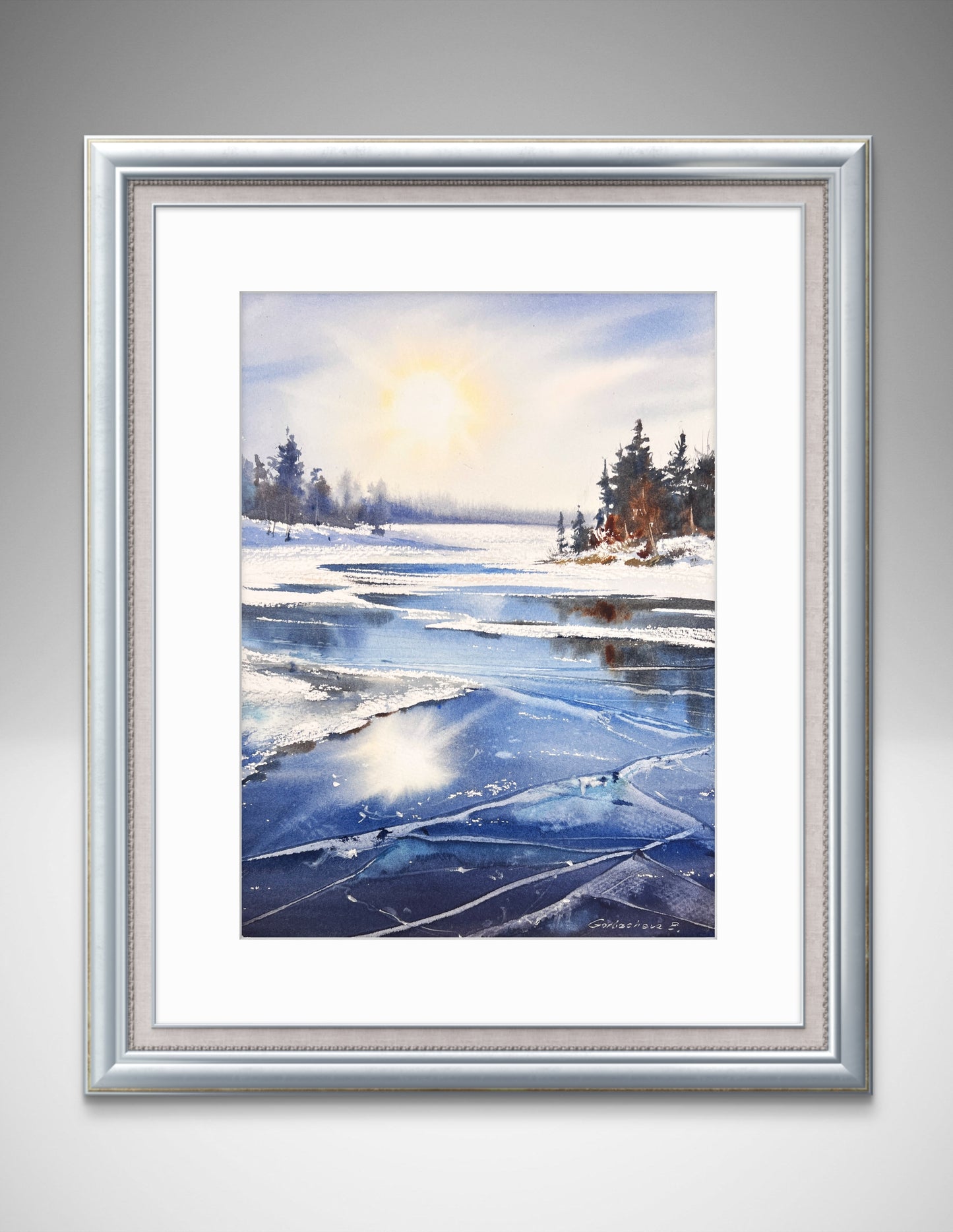 Original Frozen Lake Watercolor Painting, Sunlit Winter Ice Art, Sky on Ice 9x12