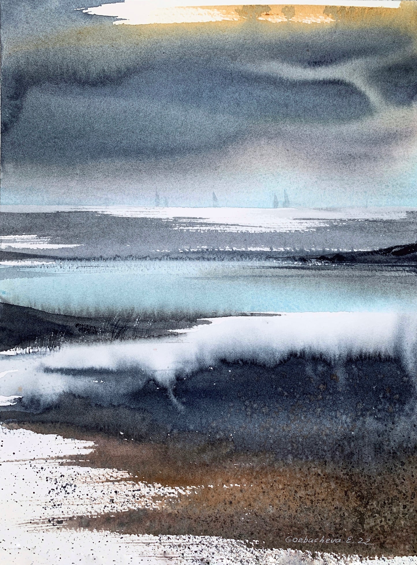 Abstract Nordic Seascape Painting Watercolor Original, ABSTRACTION SEA #4 9x12 in