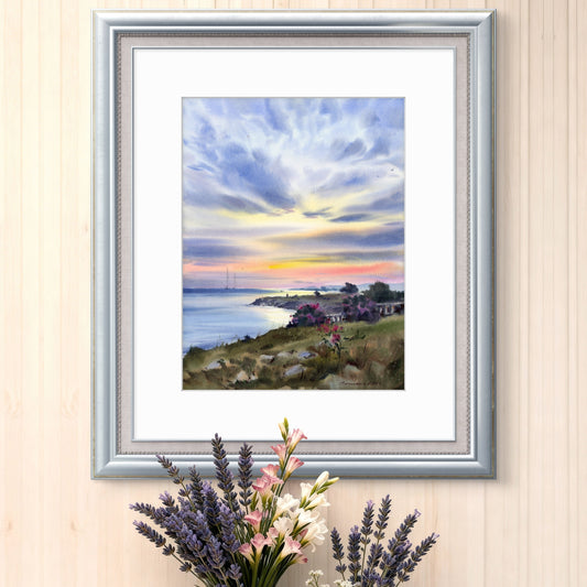 Cyprus Sunset Seascape Watercolor Painting, Coastal Landscape Art, Evening Breath of Cyprus 12x16