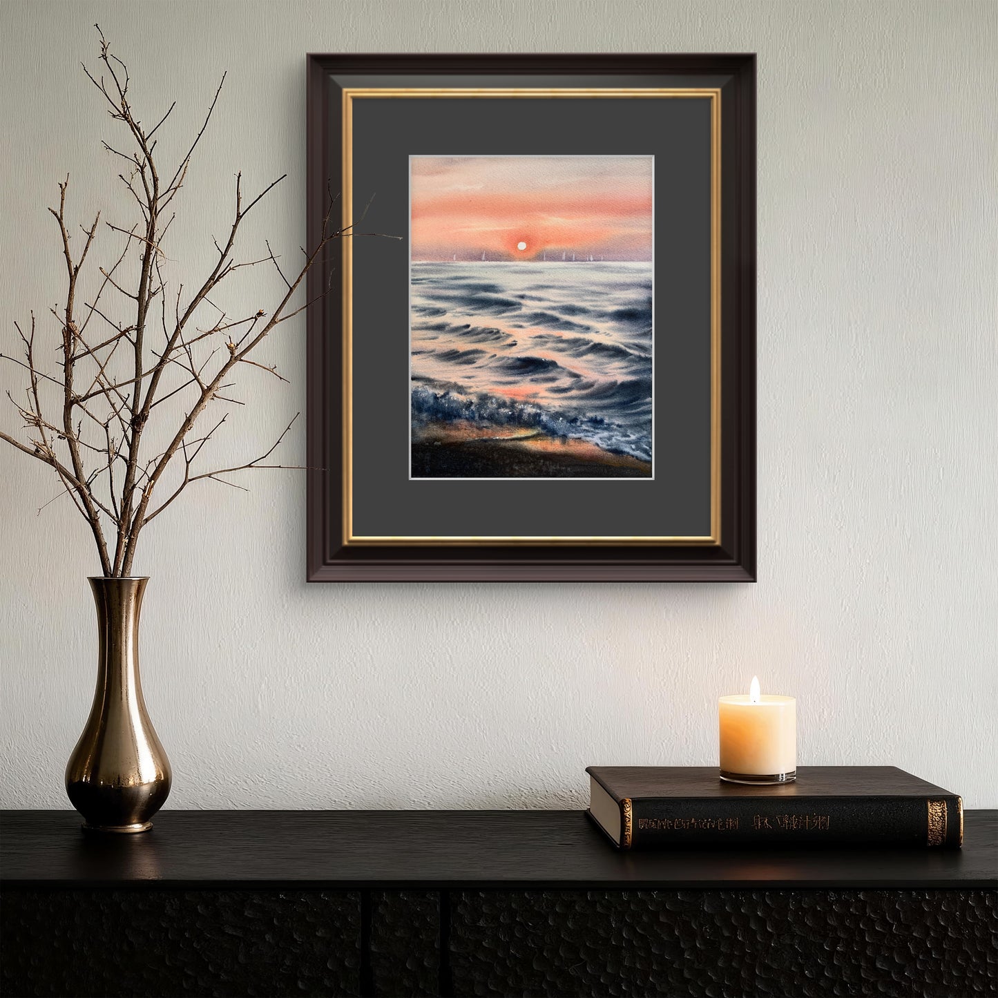 Pink Sunset Sea Watercolor Painting, Orange sunset #7 9x12