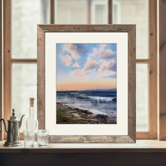 Beach Painting Watercolor Original , Sea Wave Art, Sunset on the sea Storm 9x12