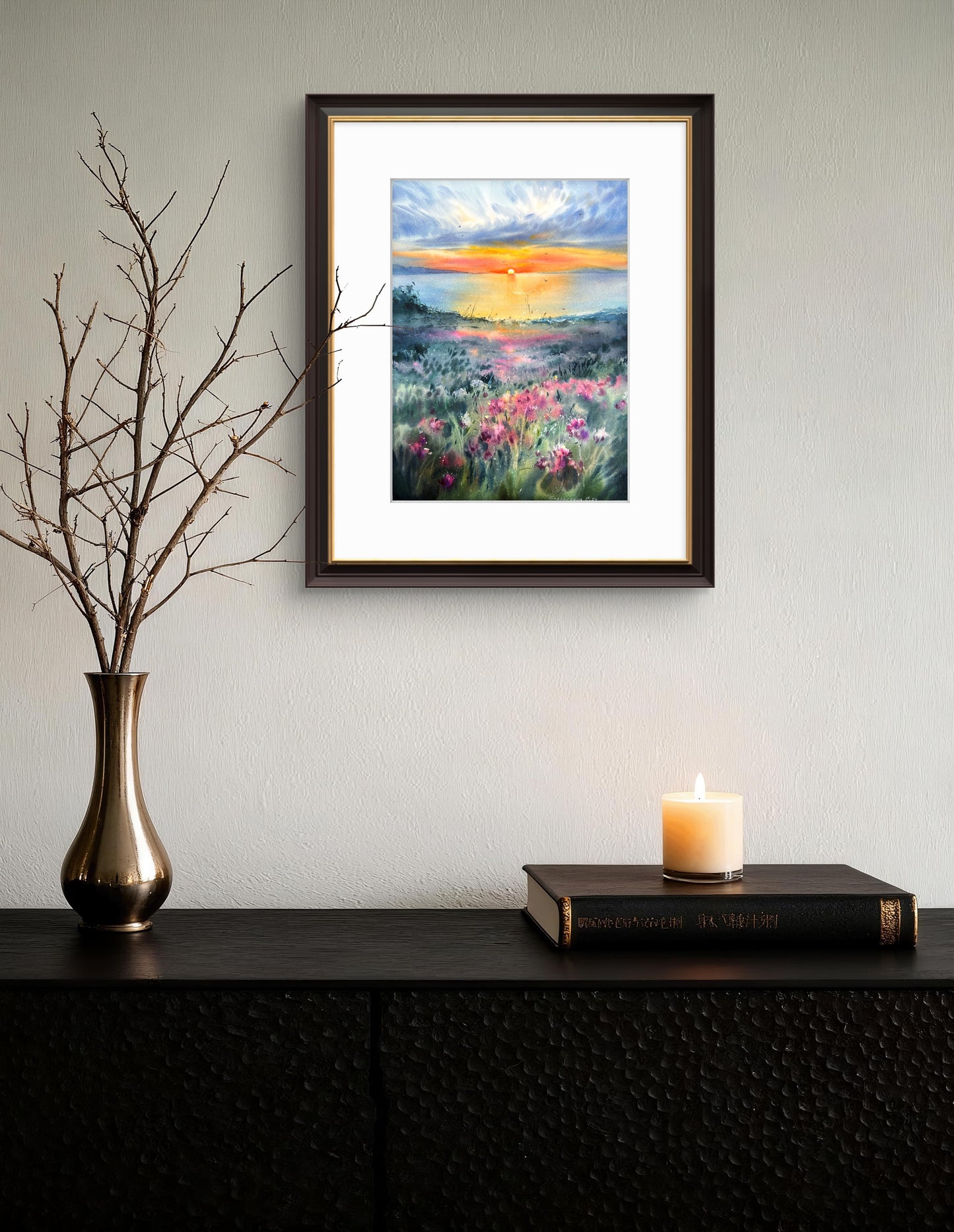 Original Watercolor Painting: Flowers and Sea at Sunset - Clover Field Art