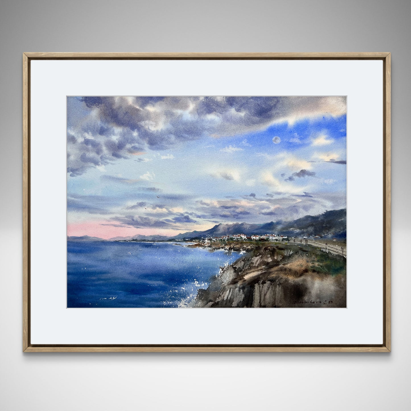 Cyprus Coast Watercolor Original Painting, Sea coast of Cyprus Clouds #3 12x16