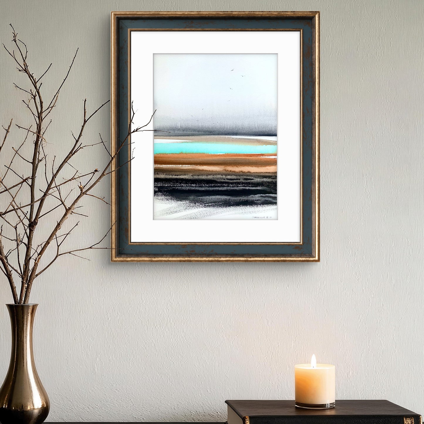 Abstract Landscape Watercolor Painting - River Valley in Burnt Orange