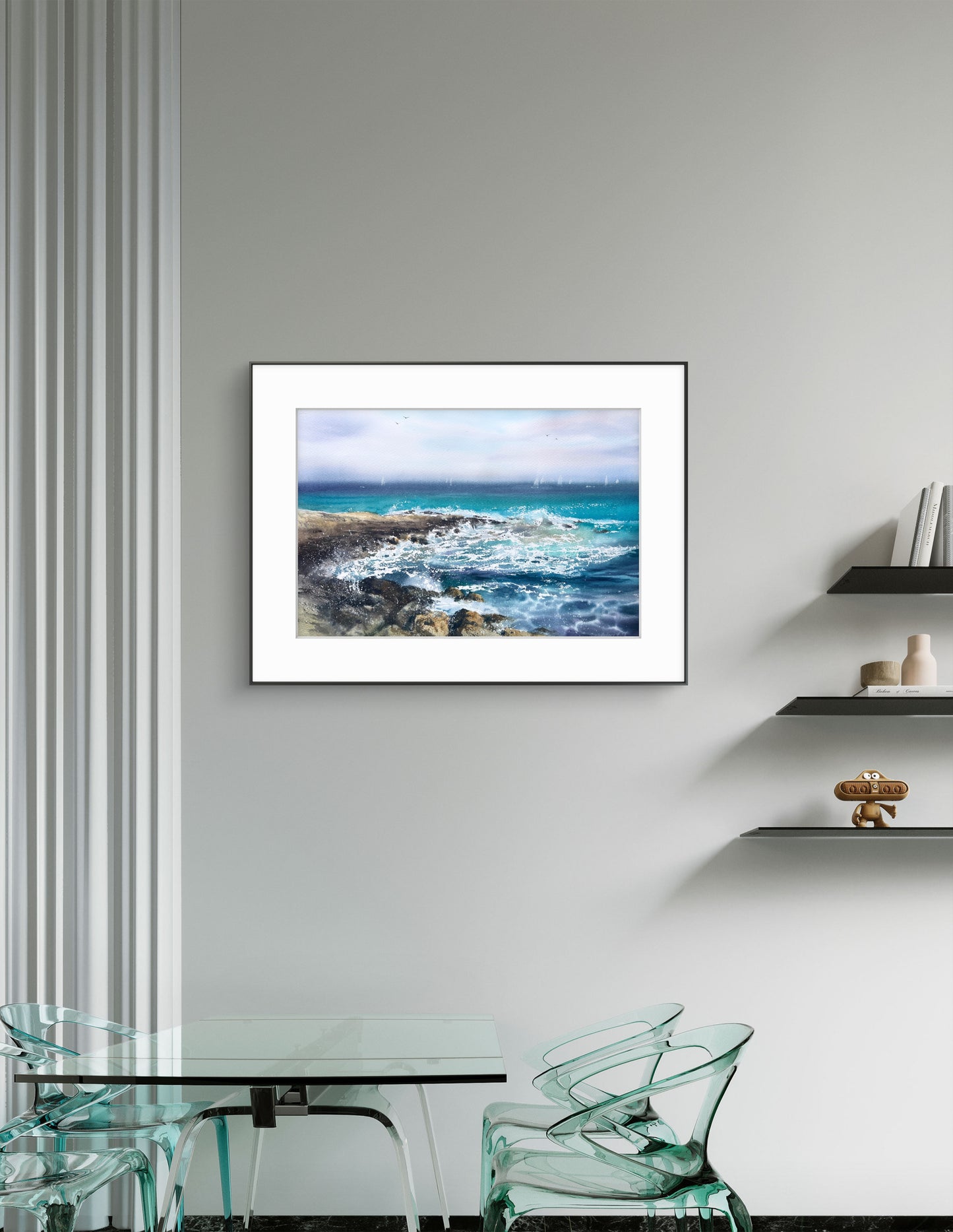 Original Turquoise Seascape Painting, Rocky Coast Watercolor Art, The sea coast #2 15x22