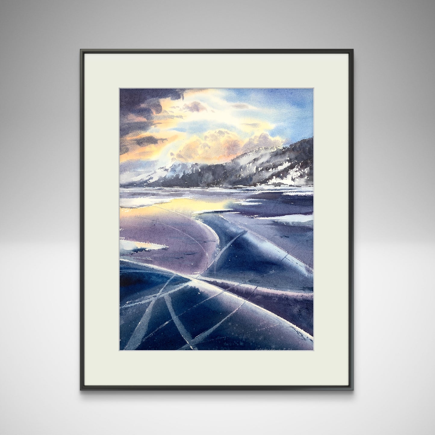 Frozen Lake Painting, Original Watercolor, Winter Landscape,Blue Ice Wall Art, Lake Baikal 12x16