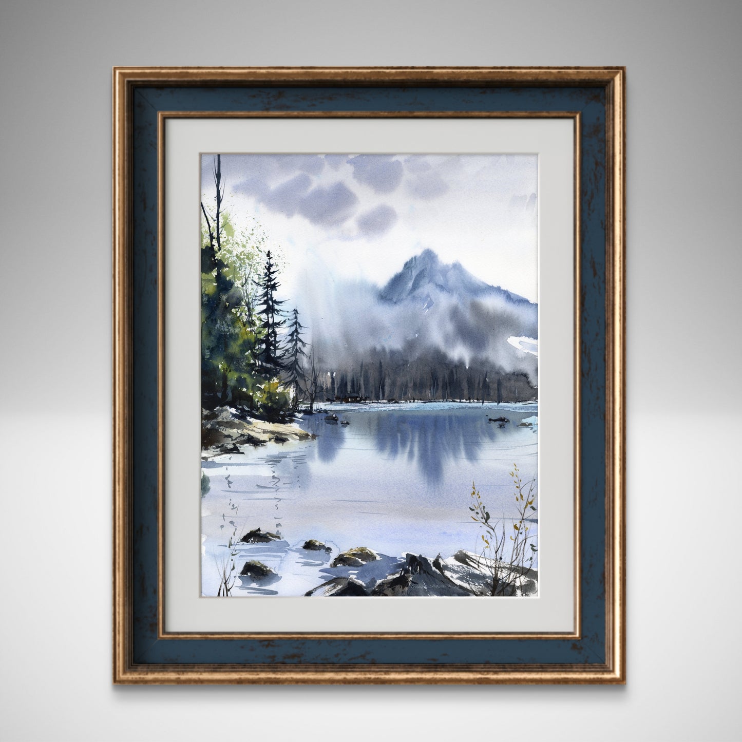 Mountain Lake Watercolor Painting, Snowy Peaks Landscape, Mountain Lake #21 12x16