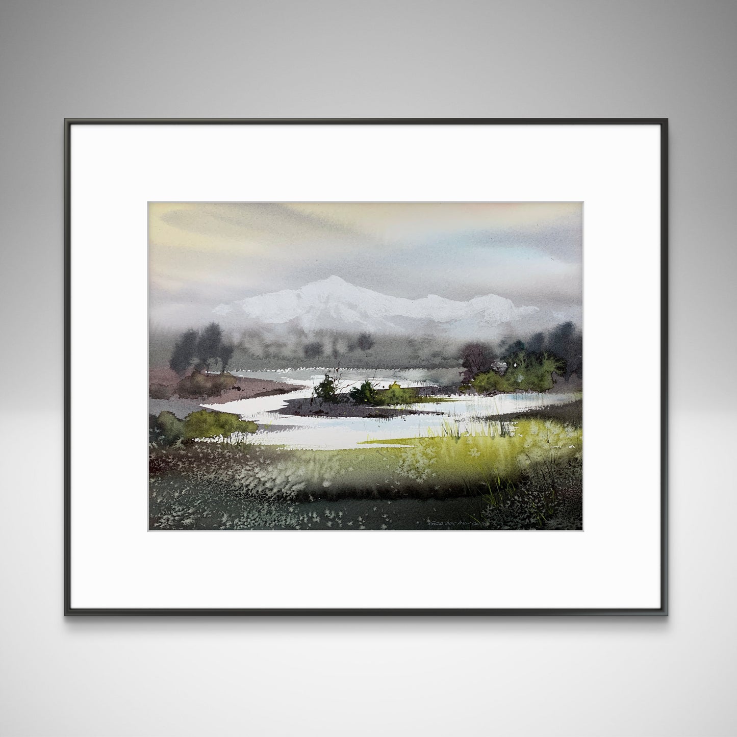 Misty Mountain Lake Watercolor Painting, River in the valley #2 9x12