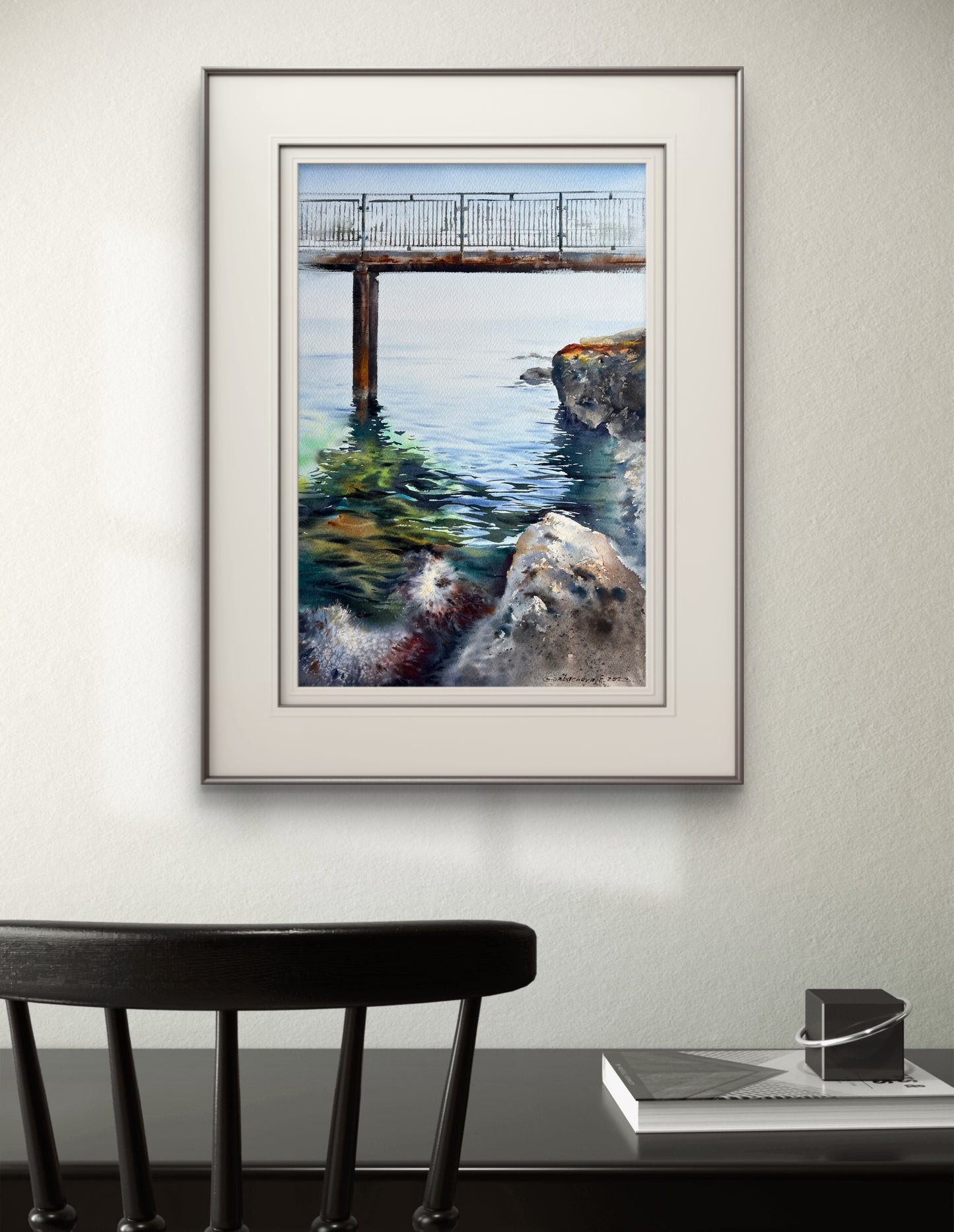 Sea Bridge Painting, Marine Watercolor Original Artwork, Cyprus Seascape,Sea Coast Bridge, 15x22