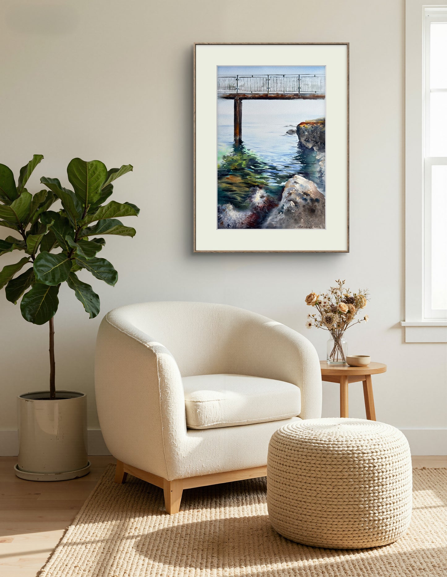 Sea Bridge Painting, Marine Watercolor Original Artwork, Cyprus Seascape,Sea Coast Bridge, 15x22