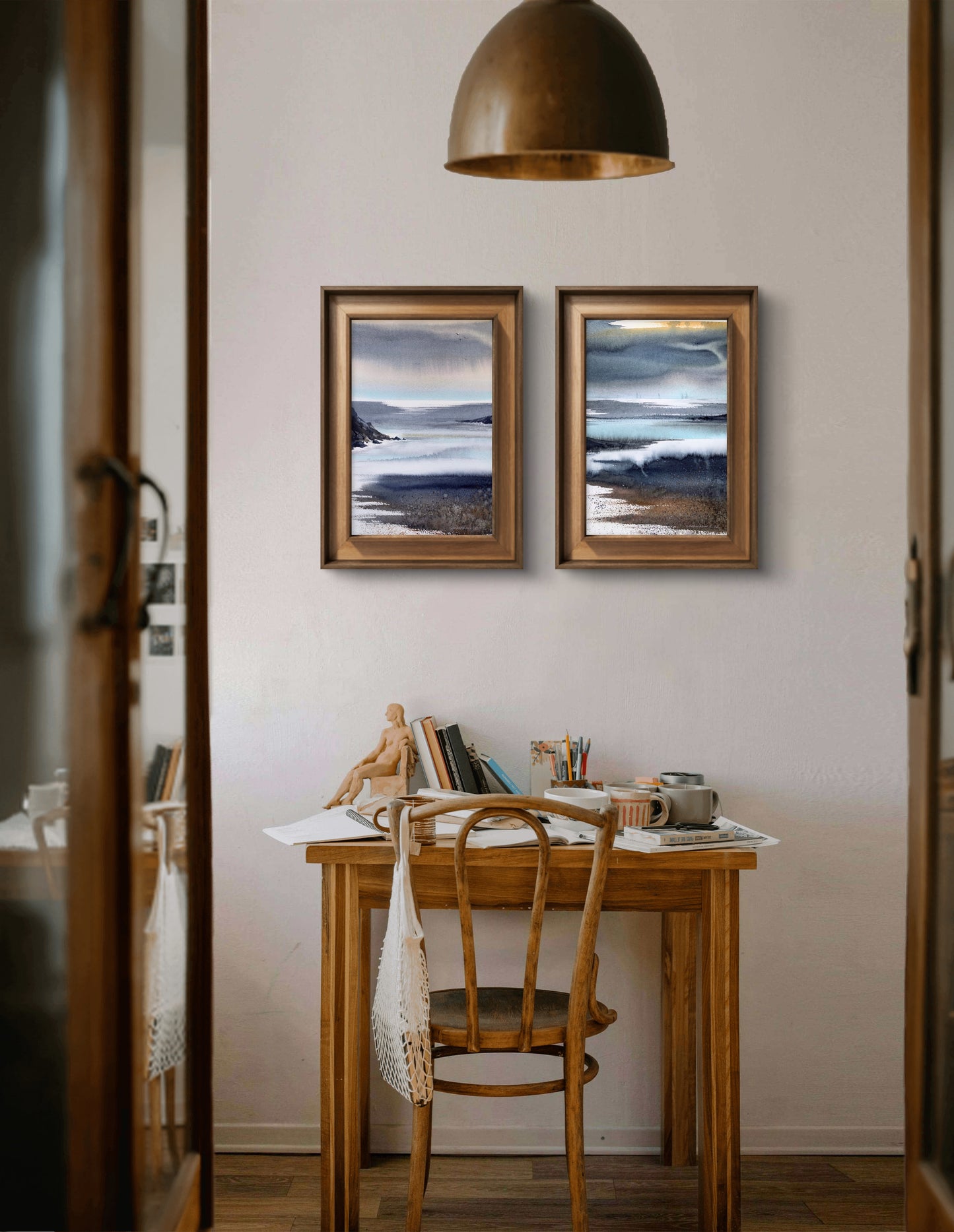 Abstract Nordic Seascape Painting Watercolor Original, ABSTRACTION SEA #4 9x12 in