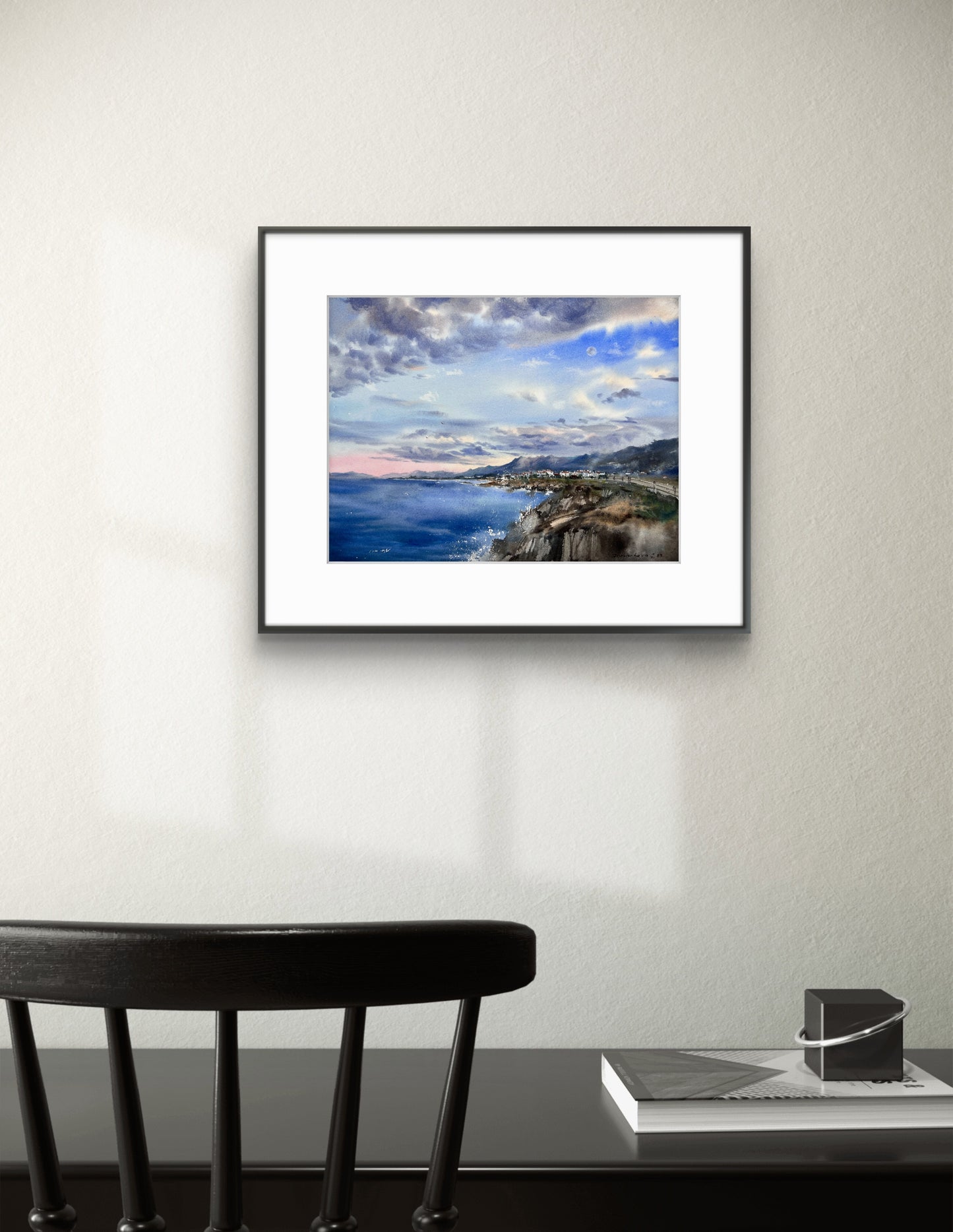 Cyprus Coast Watercolor Original Painting, Sea coast of Cyprus Clouds #3 12x16