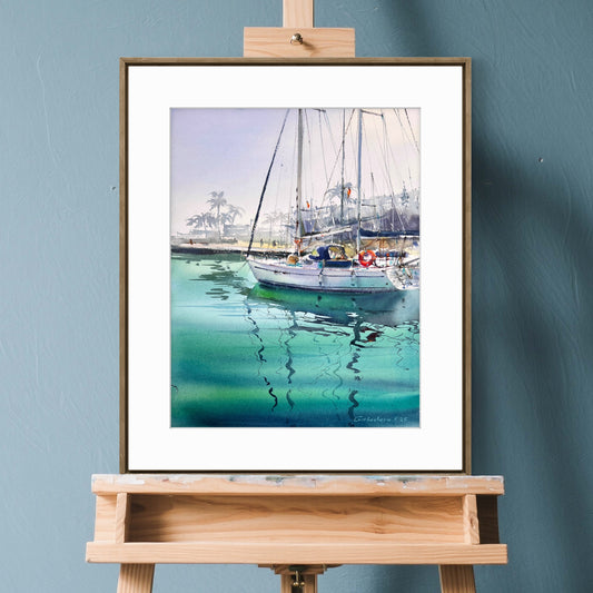 Tropical Sailboat Watercolor Painting, Coastal Marina Art, Emerald Silence 12x16