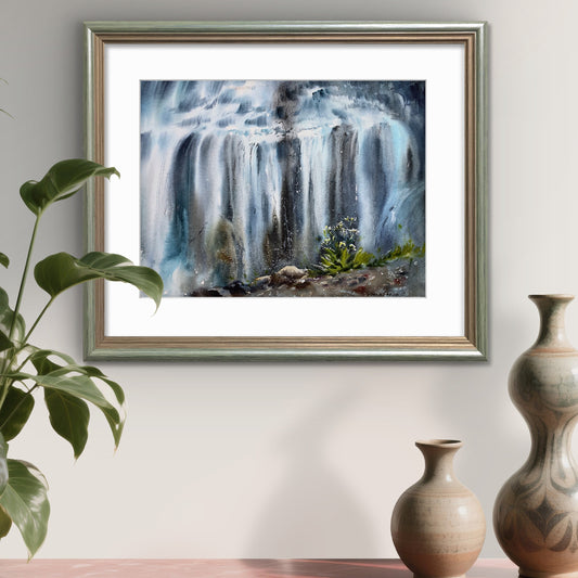Waterfall Nature Painting Original Watercolor, Tropic Beautiful Landscape, Waterfall #3 12x16