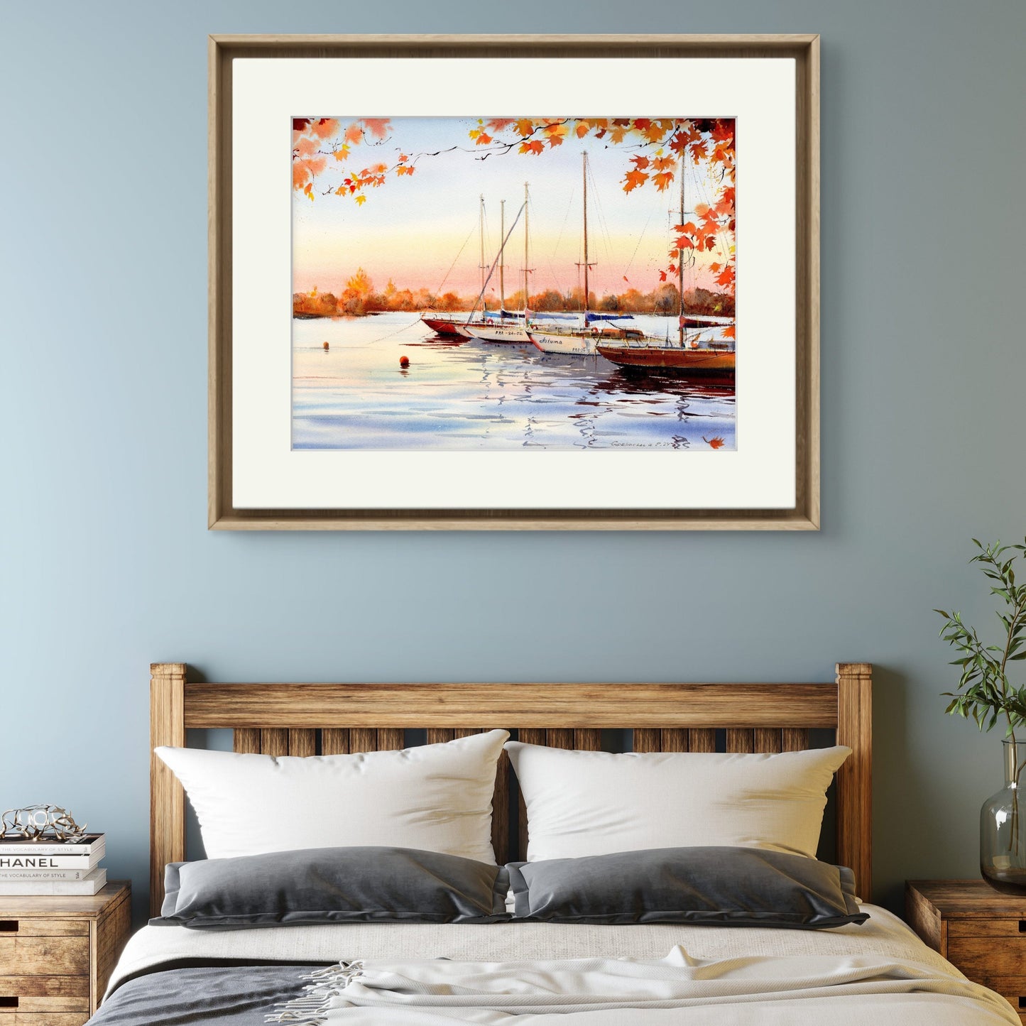 Serene Sailboat & Autumn Foliage Watercolor Print - Painterly Nautical Decor