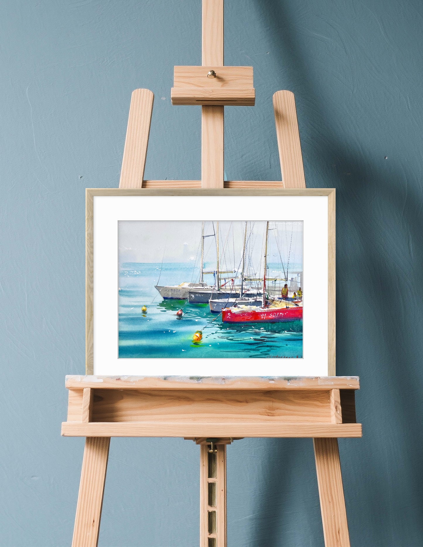 Coastal Sailboats Watercolor Painting, Seascape Marina Art, Boats on Blue Silence 11x15