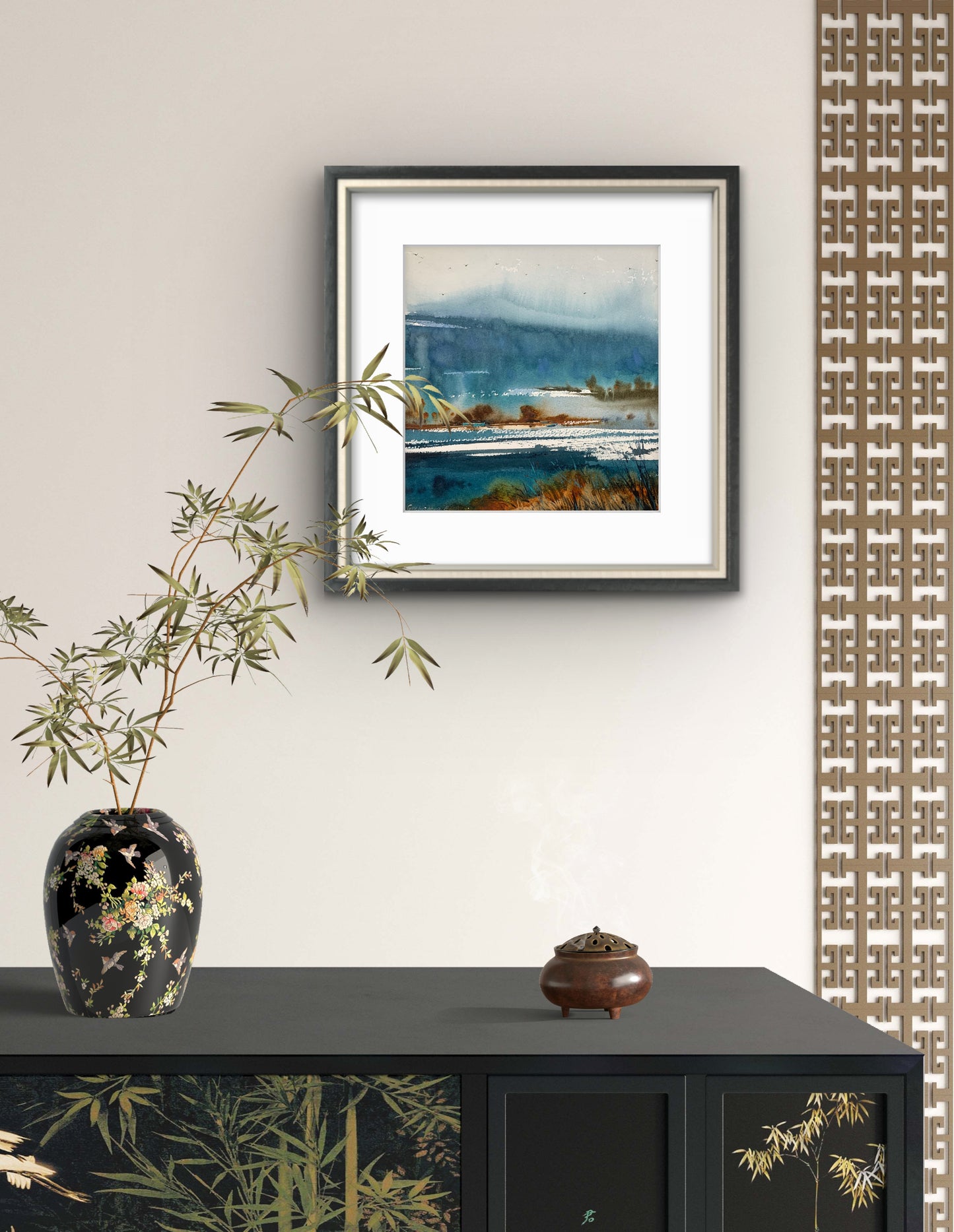 Mountain Valley Village Watercolor Painting, Mountain river #12 9x9