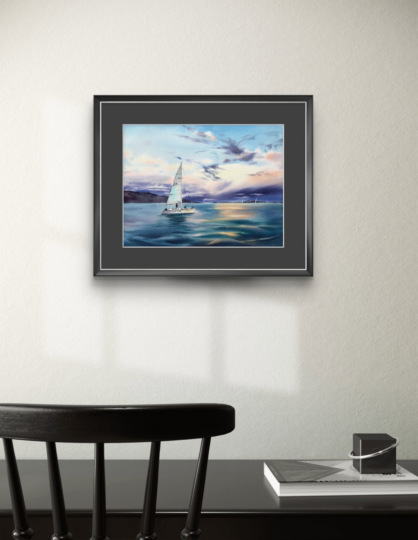 Original Sailboat Watercolor Painting, Ocean Sunset Art, Yacht in the sea at sunset #6 12x16