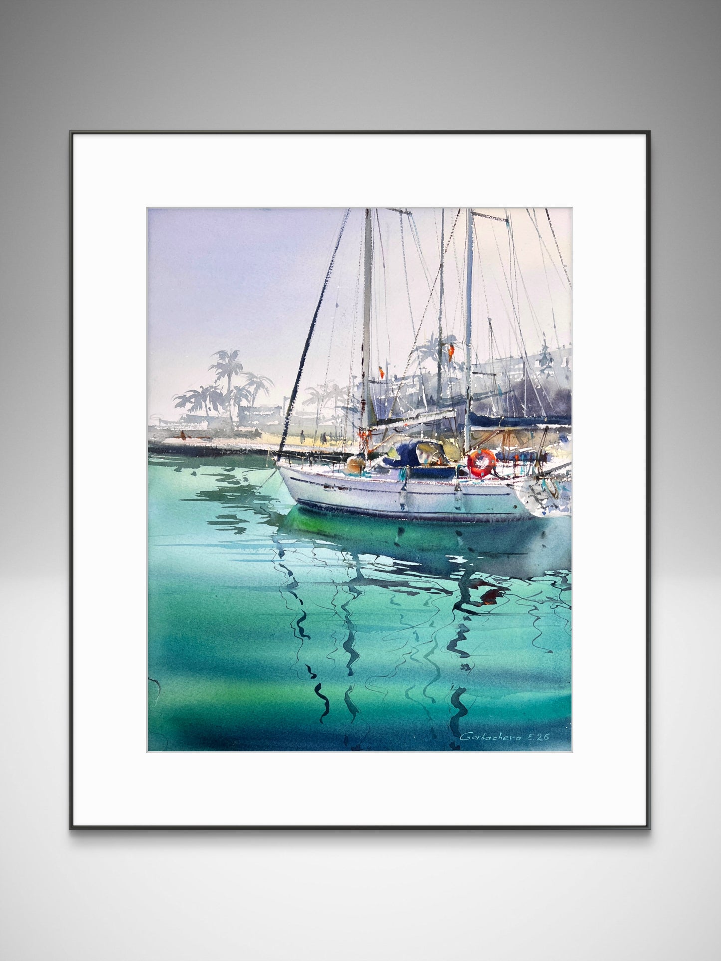Tropical Sailboat Watercolor Painting, Coastal Marina Art, Emerald Silence 12x16
