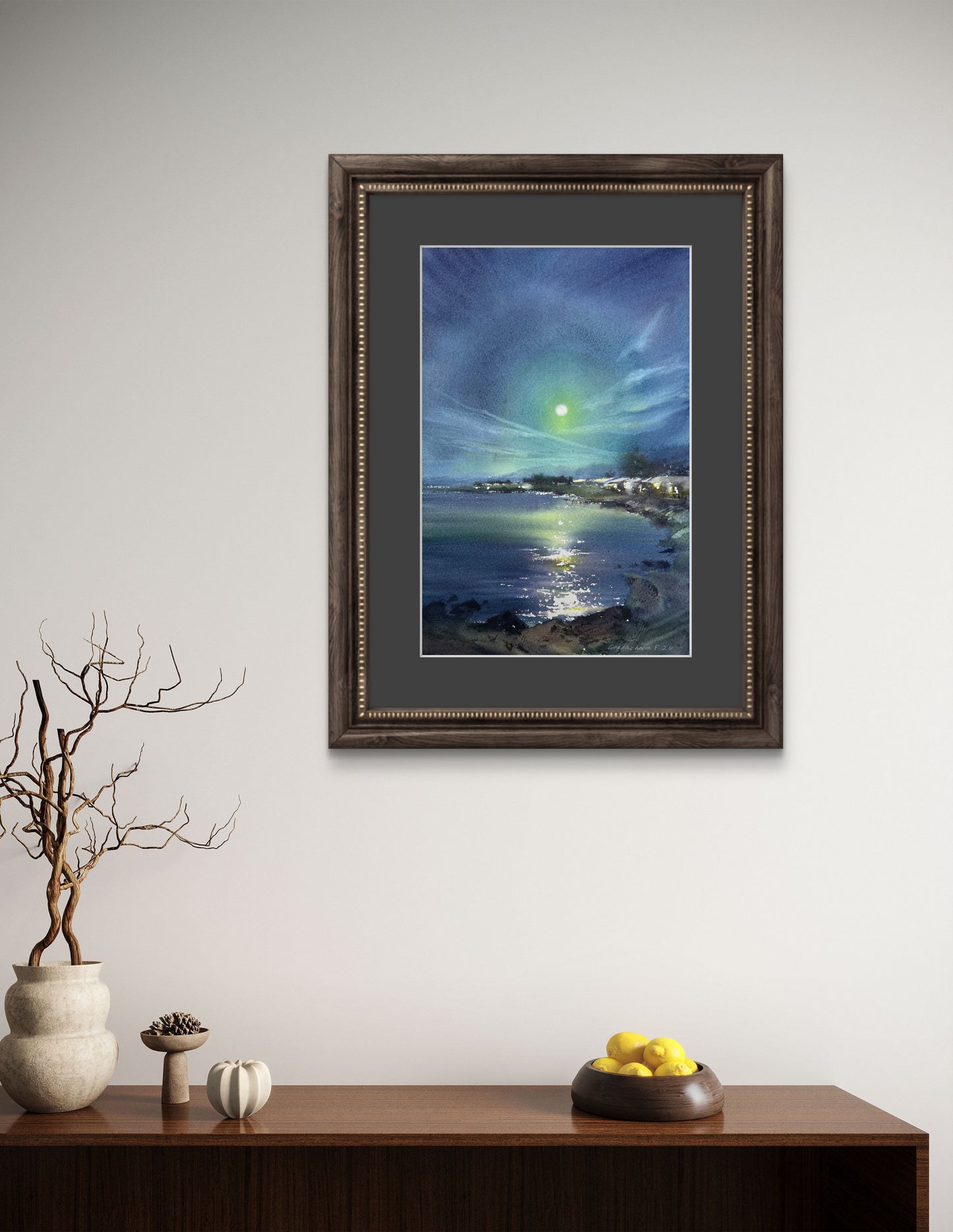 Seascape Painting Original, Small Watercolor Artwork - In the moonlight #4