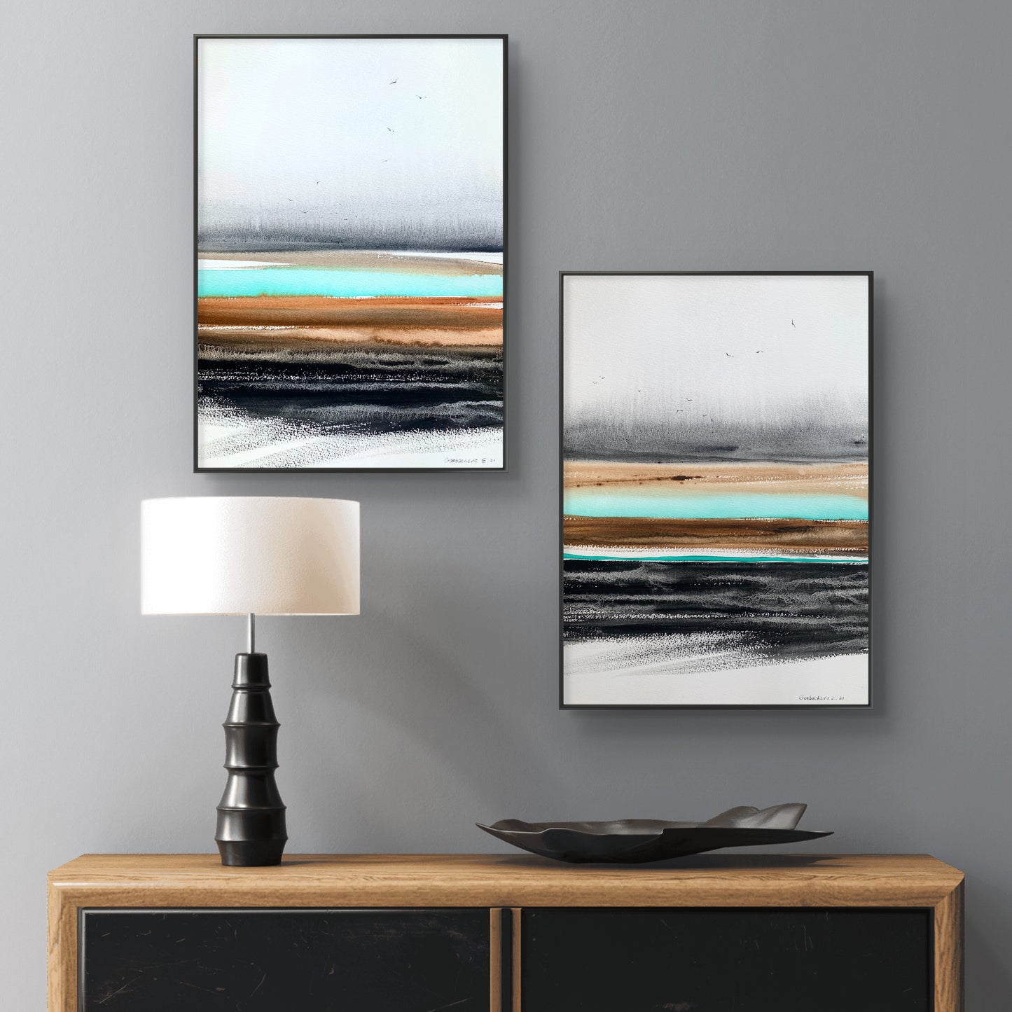 River Valley Abstract Painting - Watercolor in Gray, Burnt Orange, Turquoise Tones