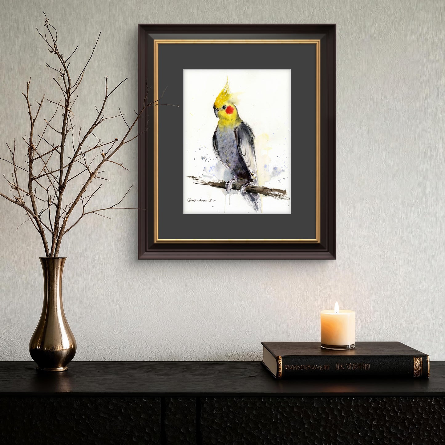 Parrot Watercolor Original Painting, Tropical Bird Art, Cockatiel Lover Gift Artwork,  Parrot on a branch  12x16