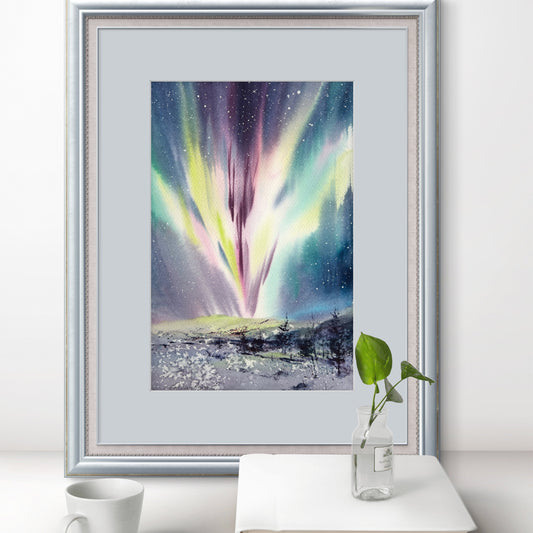 Aurora Borealis Painting Original Watercolor,  Winter Landscape, Nordic Wall Art, Northern Lights #14, 8x12