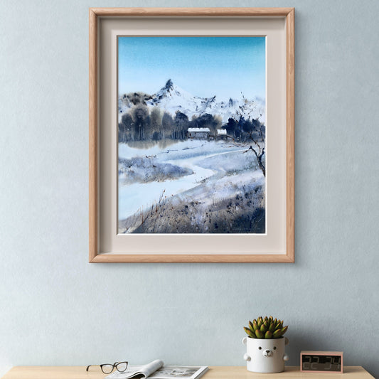 ORIGINAL Watercolor, Natural Wall Art Decor, House in the mountains 12x16