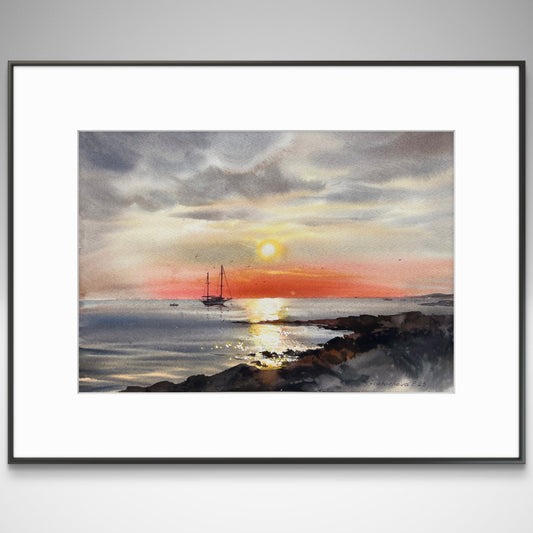 Sunset Seascape Watercolor Painting, Original Ocean Wall Art,Sunset on the sea Yacht 9x12